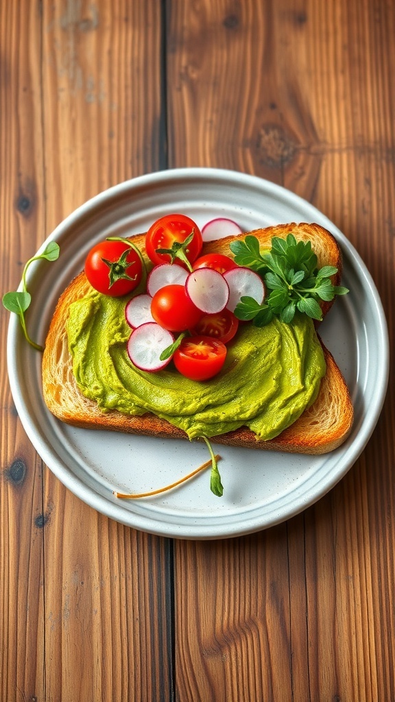 3D Blender Toast Recipe A plate of 3D blender toast with avocado spread, topped with cherry tomatoes and radishes on a wooden table.